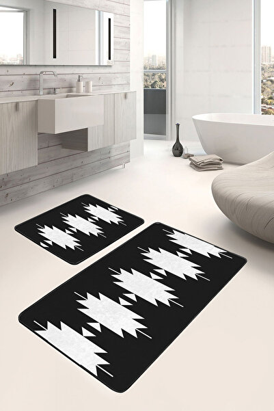 Realhomes مجموعة من 2 سجادة حمام بتصميم هندسي مكونة من قطعتين مع زخارف قبلية ونمط كليم على خلفية سوداء