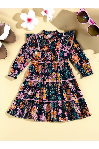 Bella Moda By Styli All-Over Floral Print Ruffle Trim Tiered Dress with 3/4th Sleeves