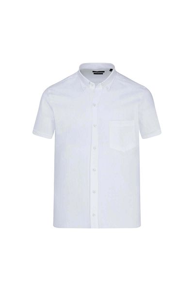 Hatemoğlu White Comfort Fit 100% Cotton Button-Down Collar Short Sleeve Casual Shirt