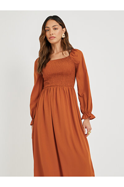 Take Two By Styli Women Rust Solid Square Neck Smocked A-Line Midi Dress