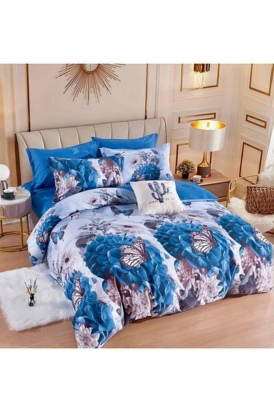 trendyhome Bed Linen, 6 Pieces, Fine Cotton, Butterflies And Flowers, Blue/White, J14736