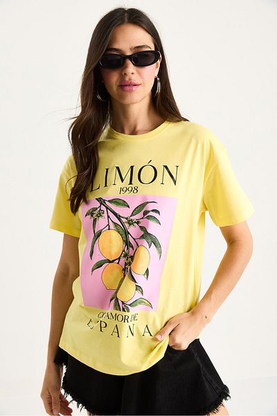 Bianco Lucci Women's Lemon Printed Crew Neck 100% Cotton T-Shirt 6701 60283452