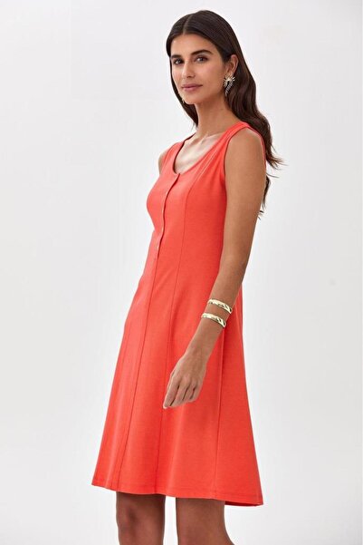 İKİLER Önü Çıtçıtlı Kare Yaka Kolsuz Elbise 025-2517