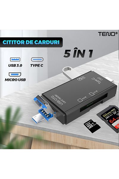 Teno Cititor de Carduri 5 in 1 Teno®, USB 2.0, adaptor 5 in 1 pentru carduri, 3 porturi, USB-C, negru