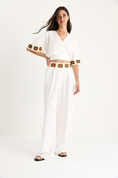 Bianco Lucci Set de pantaloni cu talie înaltă pentru femei, cu detaliu din plasă, cu guler dublu, cu centură în talie 60104 60283442