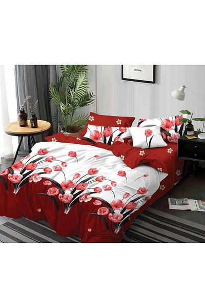 trendyhome Bed Linen, Fine Cotton, 6 Pieces, Tulips, Red/White, HR24192