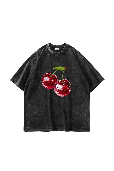 Sekizbiraltı Μαύρο μπλουζάκι με στάμπα Disco Cherry Oversize Unisex που πλένεται