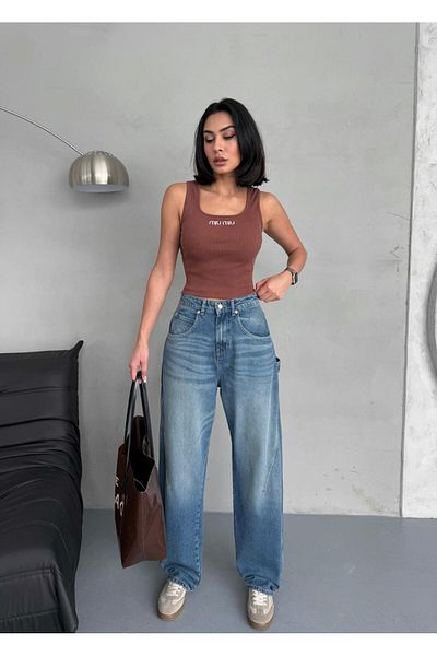 XBELLA DENİM Women's High Waist Ballon Fit Stitching Detail Axe Pocket Jeans