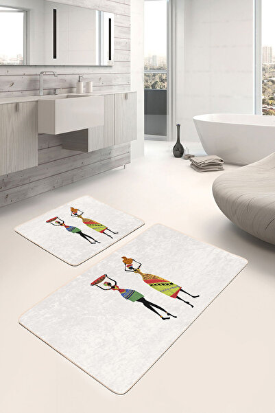 Realhomes مجموعة سجادات حمام كلاسيكية مكونة من قطعتين بتصميم نسائي أفريقي منقوش على خلفية بيضاء مع زخارف تقليدية