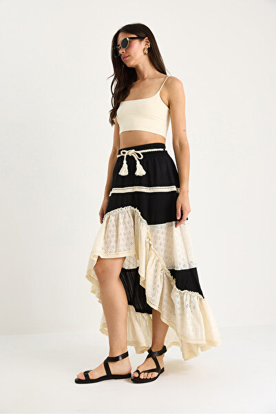 Bianco Lucci Women's Brode Detailed Knitted Belted Short Front Long Back Bohemian Skirt 252-3021 60283443