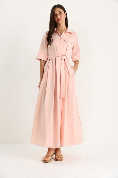 Bianco Lucci Women's Pleated Skirt Pocket Detailed Belted Poplin Midi Dress 8441 60283445