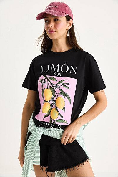 Bianco Lucci Women's Lemon Printed Crew Neck 100% Cotton T-Shirt 6701 60283452