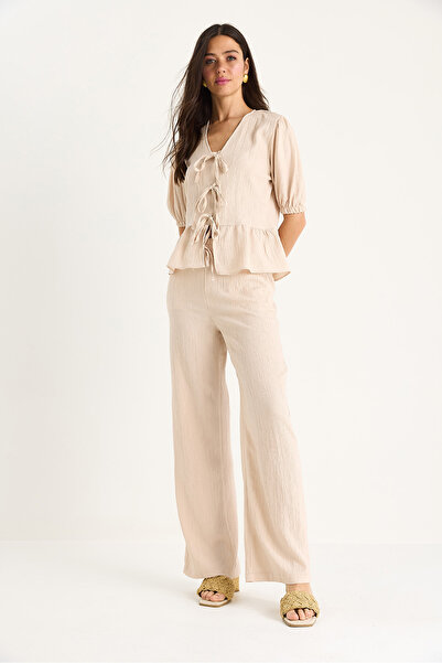 Bianco Lucci Bluză pentru femei, cu mâneci cu șireturi, pantaloni, set de îmbrăcăminte 8015 60283448