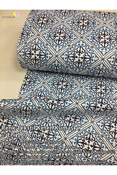 Renk Tekstil Çini Desenli Duck Keten Kumaş - Döşeme - Minder Kılıf - Masa Örtüsü - Hobi