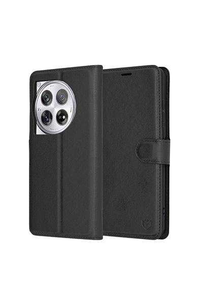 SKYDDAR INNOVATION Husă pentru OnePlus 12, piele tip folio, portofel interior, finisaje premium, set de stickere, neagră
