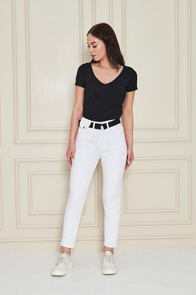 Kutaf High Waist White Jean Trousers – Slim Fi with Belt