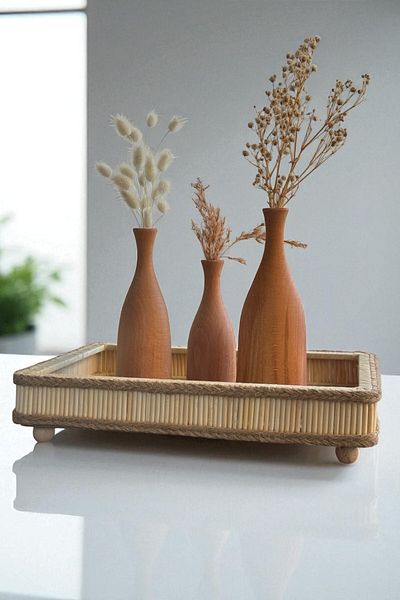 DEKOLOBİ Wicker Handmade Bamboo Rectangular Decorative Tray 25X35 cm