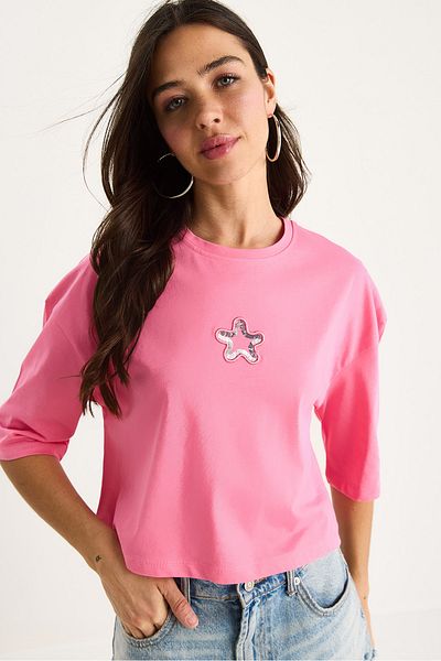 Bianco Lucci Women's Star Embroidery Crew Neck 100% Cotton Crop T-Shirt 6703 60283449