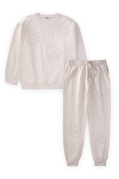 Cigit Embroidered Sweatshirt Set 9-14 Years Off White
