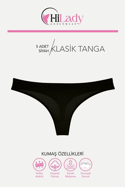 Hilady Women's Black String Thong 5 Pack, Cotton Black Soft Cotton Thong