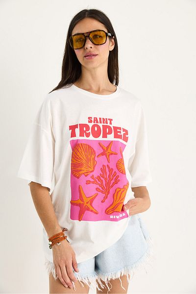 Bianco Lucci Tricou supradimensionat pentru femei, 100% bumbac, imprimat scoici de mare 6016 60283453