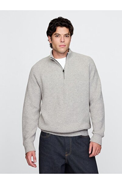 GAP Erkek Gri CashSoft Çeyrek Fermuarlı Pullover Kazak