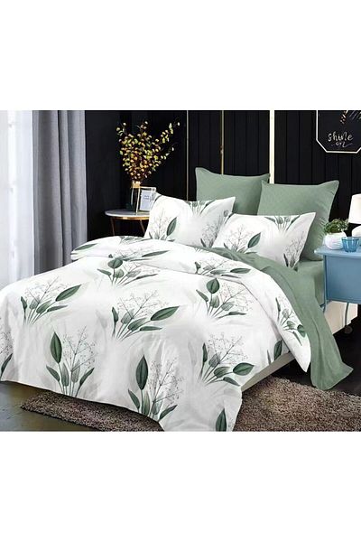 trendyhome Bed Linen, Fine Cotton, 6 Pieces, Leaves, Green/White, HR24147