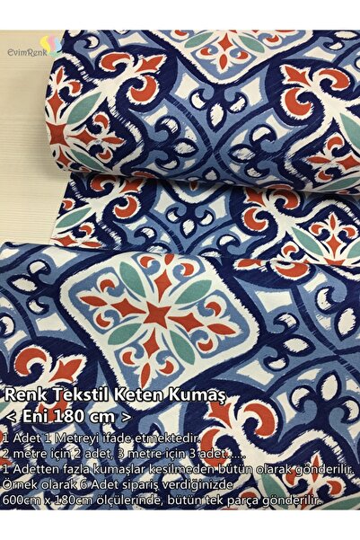Renk Tekstil Çini Desenli Duck Keten Kumaş - Döşeme - Minder Kılıf - Masa Ört...