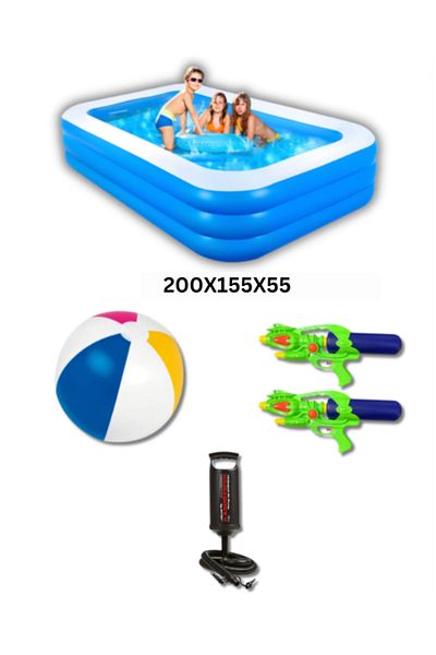 Deliny Summer Package: Inflatable Pool 200X150X55cm + Air Pump + 2 Water Guns + Beach Ball