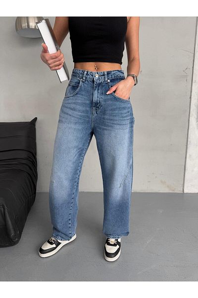 XBELLA DENİM Women's High Waist Ballon Fit Seam Detailed Axe Blue Pocket Jeans