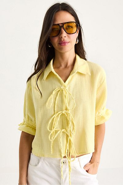 Bianco Lucci Women's Tie Detailed Sleeves Gathered Muslin Crop Shirt 2111 60283446