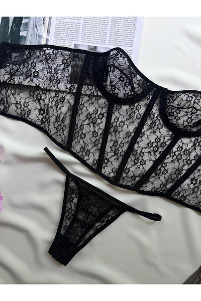 İNKO İÇ GİYİM Economical Floral Underwire Uncovered Tulle Bra Set (Bra Tanga)