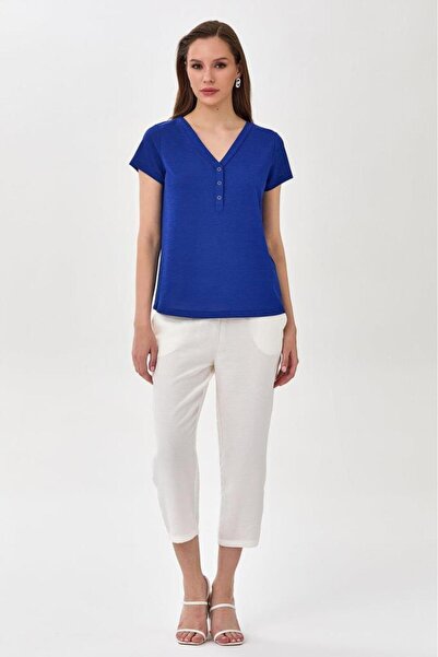 İKİLER V Yaka Önü Çıtçıtlı Kısa Kol Bluz 025-1047