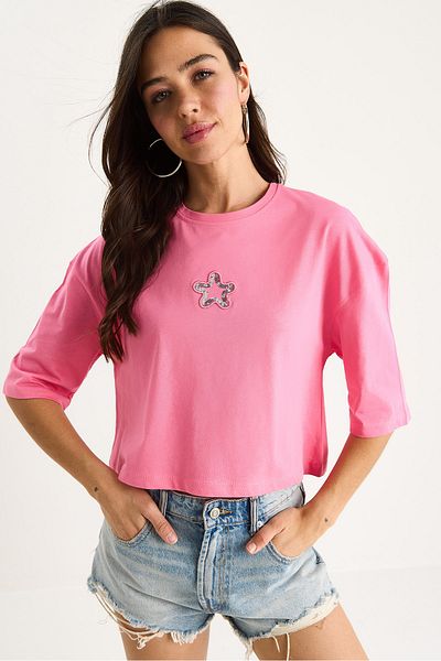 Bianco Lucci Women's Star Embroidery Crew Neck 100% Cotton Crop T-Shirt 6703 60283449