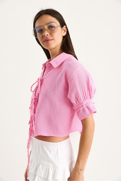 Bianco Lucci Women's Tie Detailed Sleeves Gathered Muslin Crop Shirt 2111 60283446