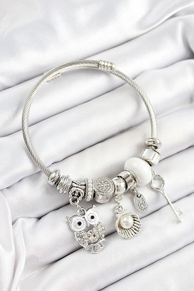 Clariss 316L Steel White Zircon Stone Owl Oyster and Key Model Silver Color Charm Bracelet
