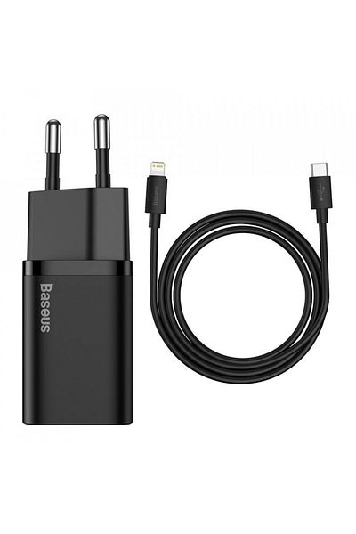 Baseus Super Si Wall Charger With Type-c To Lightning Cable, Pd, 20w, (TZCCSUP-B01) - Black
