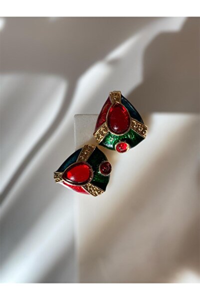 oly aksesuar kırmızı taş detay vintage küpe