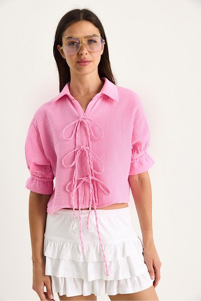 Bianco Lucci Women's Tie Detailed Sleeves Gathered Muslin Crop Shirt 2111 60283446