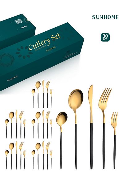 sharpdo SUNHOME 30-Piece Stainless Steel Cutlery Set Black/Gold