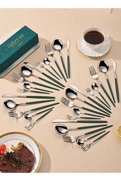 sharpdo SUNHOME 30-Piece Stainless Steel Cutlery Set Green/Silver