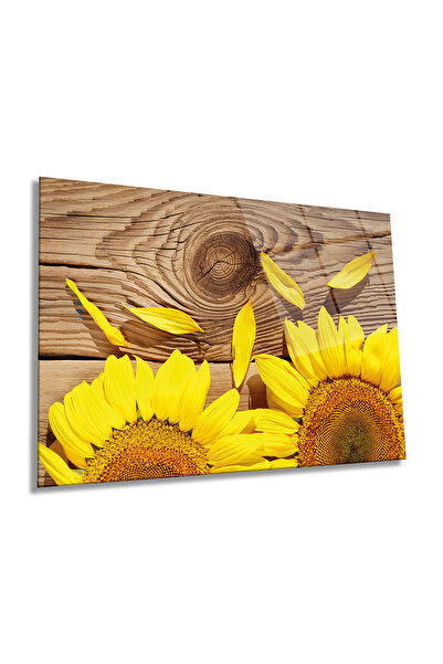 Rosyvien Masă de sticlă orizontală cu floarea soarelui pe masă din lemn, deco...