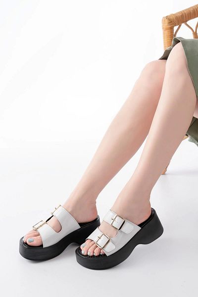 TB Terzi Bey 24414-574 White Patent Leather Daily Buckle Wedge Heel Women's Slippers