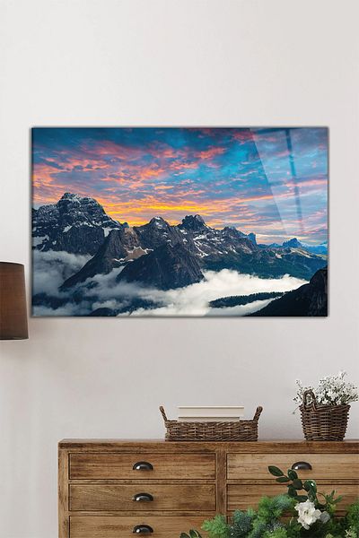 Rosyvien Peisaj de munți alpin pictură orizontală pe sticlă, decor de perete pentru casă și birou, cadou de lux