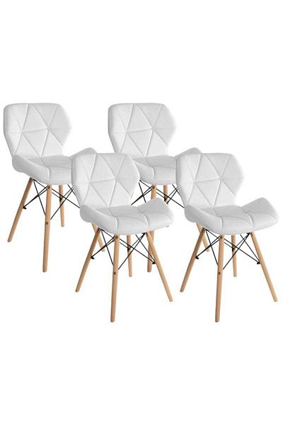 Taimi Pack of 4 Modern Dining Chair, PU Leather Seat, Natural Wood Legs, Scandinavian Design , White