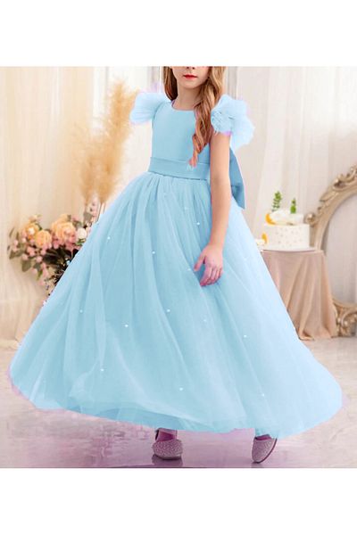 MadyaButik Κοριτσίστικο Baby Blue Gathered/Βολάν μανίκι μακρύ μαργαριτάρι φόρεμα επιστροφής στο σπίτι