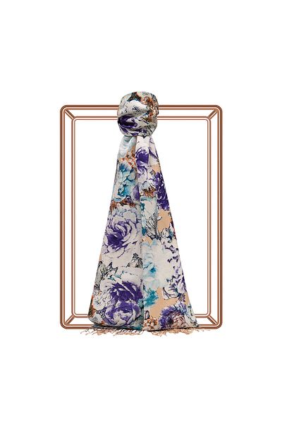 ipekevi Cream Violet Rose Leather Patterned Silk Shawl