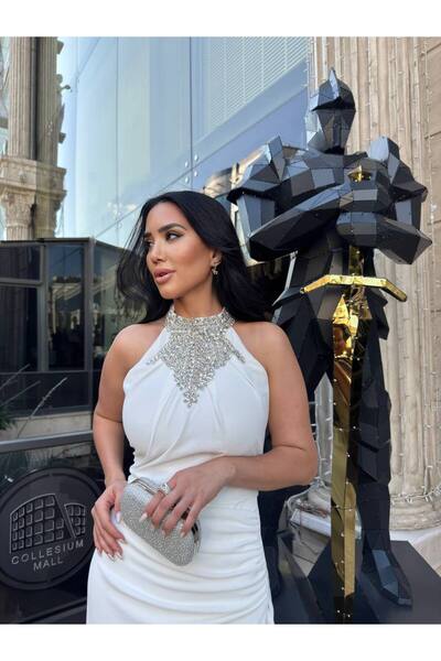 1Moda1Tarz Жіноча імпортна крепова тканина з вирізом на шиї та грудях, з вишитим камінням, з підкладкою, спеціальний дизайн сукні