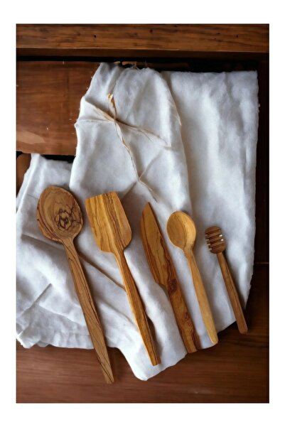 Home Olive Wood Handmade 5-Piece Wooden Food Honey Spoon Knife Spatula Spice ...