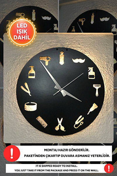 Dekorvin Led Işıklı Kuaför Duvar Saati Sessiz Dekoratif Modern Siyah Ahşap Du...